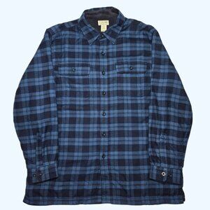 LL Bean Fleece Lined Flannel Shirt Jacket Shacket Mens Large Blue Sherpa Outdoor